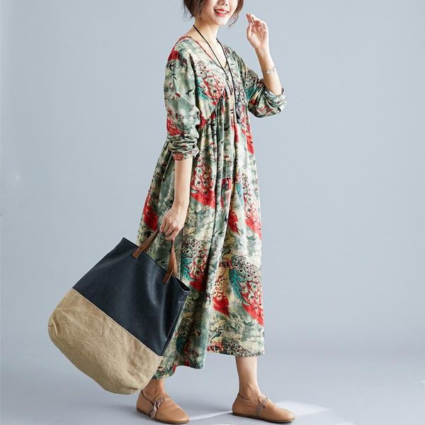 

casual dresses johnature vintage dress v-neck print women clothes 2021 leisure autumn loose full sleeve national style, Black;gray
