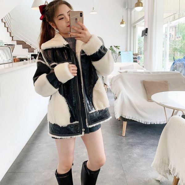 

women's fur & faux women winter coat 2021 arrival natural real sheep jacket chapped sheepskin locomotive style long sleeve thick warm, Black