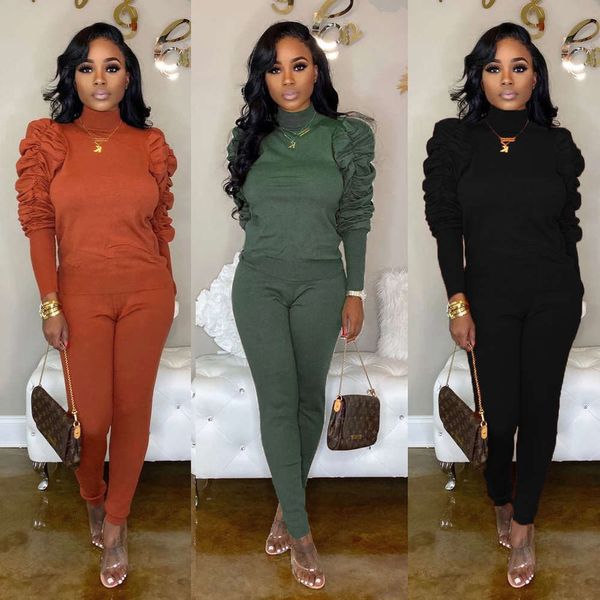 

2021 new 2019 fashion pile sleeve leisure sports women's pants suit, White