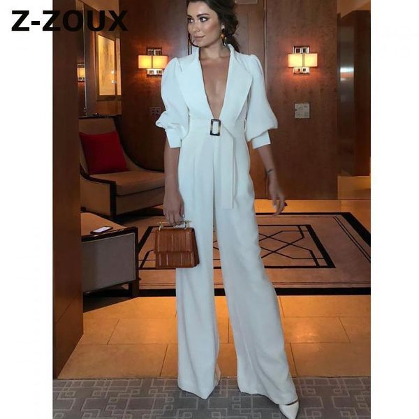 

women's jumpsuits & rompers z-zoux women jumpsuit v-neck bandage womens plus size long white 2021 fashion sexy, Black;white