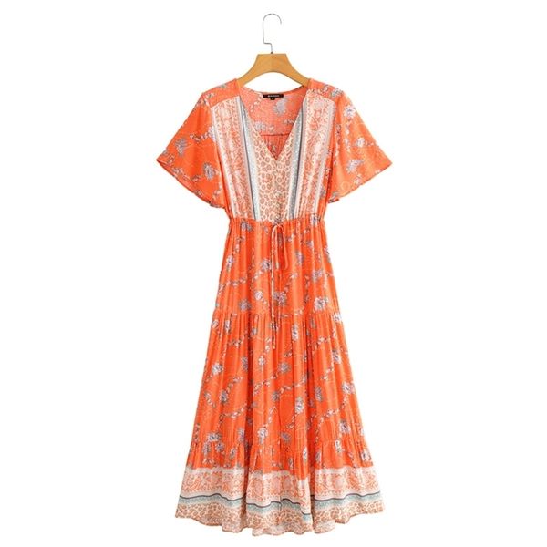 

vintage floral print maxi orange dress women boho short sleeve long v neck casual pleated es robe 210524, Black;gray