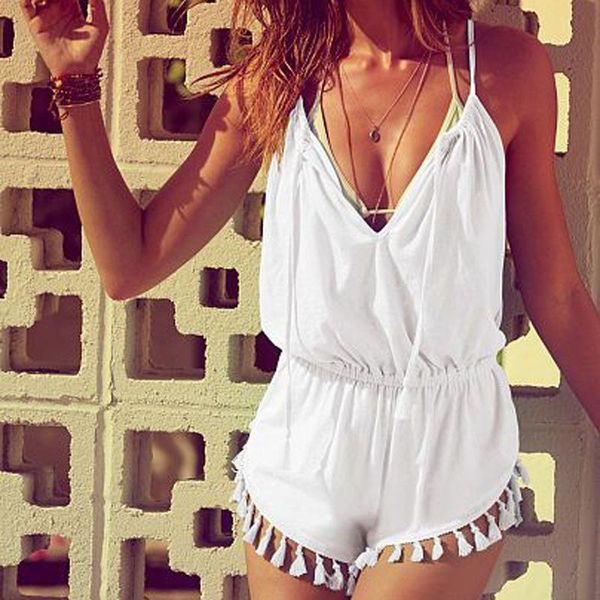 

summer foreign trade boutique women's solid color sleeveless v-neck fashion casual simple tassel jumpsuit jumpsuits & rompers, Black;white