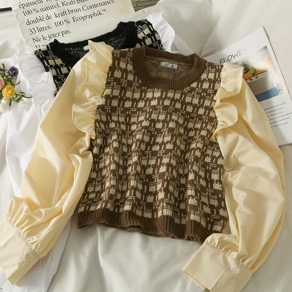 

women's sweaters korean vintage ruffles hit color knitted patchwork sweater o neck long sleeve blouses autumn fashion woman, White;black