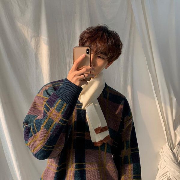 

men's sweaters wear autumn winter thickened sweater korean fashion color block patchwork plaid loose veintage kintted male, White;black