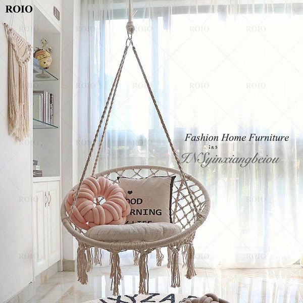 

camp furniture nordic style round hammock anti-rollover swing rope outdoor indoor hanging tassel chair garden seat for children adult