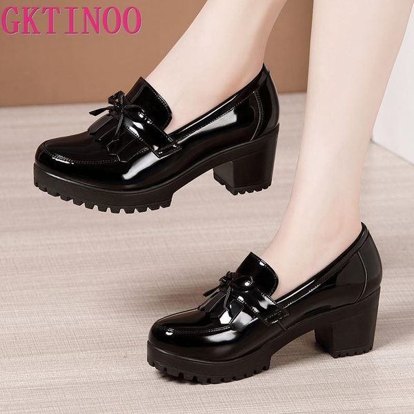 

dress shoes gktinoo size 33-43 women pumps bowknot slip on tassels thick heels fashion vintage for party leather footwear, Black