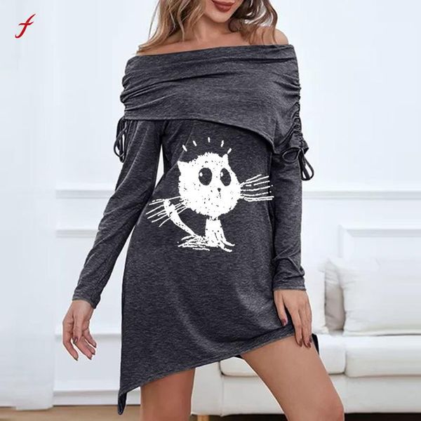 

casual dresses for women 2021 lovely cat clothes solid color slash neck pleated long sleeve irregular hem dress vestidos, Black;gray