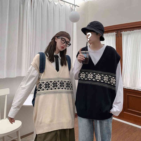 

retro jacquard knitted sweater vt loose v-neck long sve pullover svels sweaters coat college men cloth spring autumn, White;black