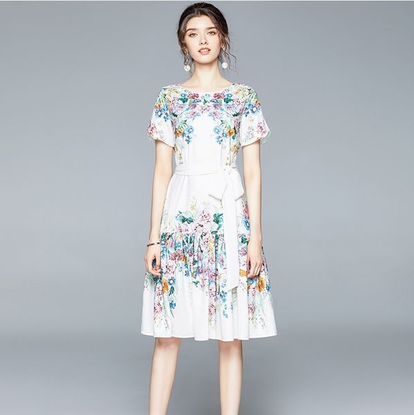

fashion designer runway summer dress women's o neck short sleeve vintage floral printed slim knee-length midi dress 210514, Black;gray