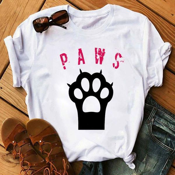 

harajuku cartoon paws printed tee women t shirt cute graphic fashion summer ladies girls, White