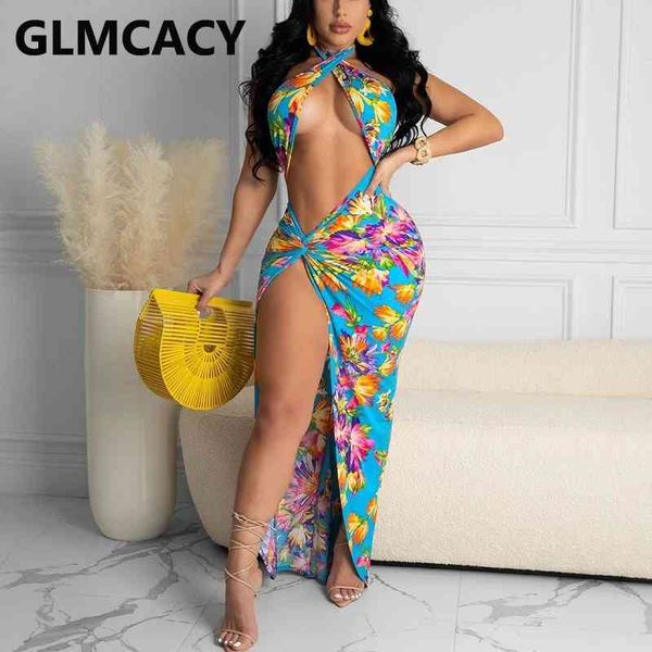 

floral printed halter backless high slit maxi dress 210702, White