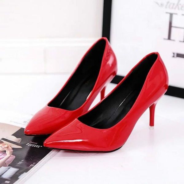 

women pumps shoes pu leather fashion 8cm thin high heels pointed toe slip-on shallow solid party lady club female dress, Black