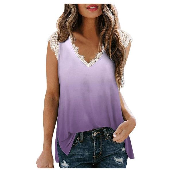 

women's blouses & shirts 40# summer lace gradient color and elegant v-neck sleeveless ladies casual basic roupas, White