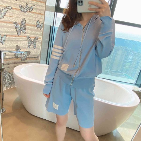 

spring and summer 2021 tb four bar casual blue knitting ice hemp hooded sweater two piece suit wide leg shorts for women, Gray