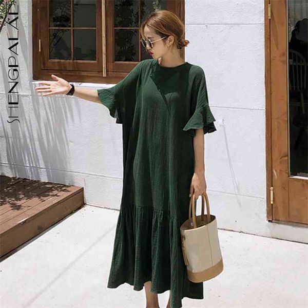 

shengpllae mimnimalist ruffles dress women's summer round neck loose short butterfly sleeve mid-calf dresses female 5b8 210427, Black;gray
