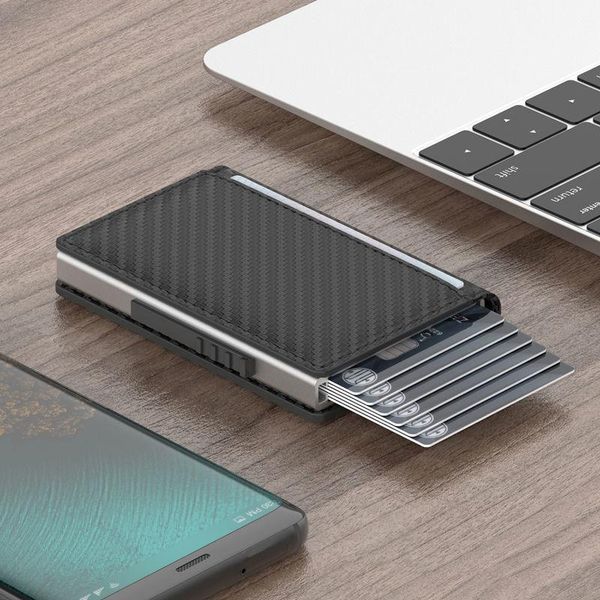 

card holders metal bag male multi female anti degaussing ultra thin theft brush automatic -up fashion, Brown;gray