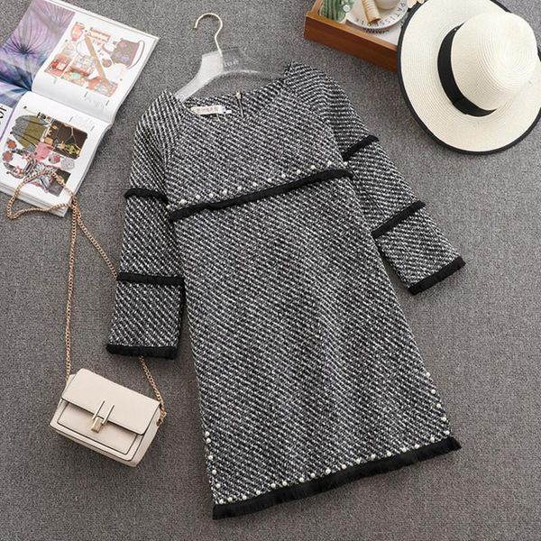 

casual dresses in stock tweed 2021 hit spring autumn women bead tassel o neck female woolen blend mini dress, Black;gray