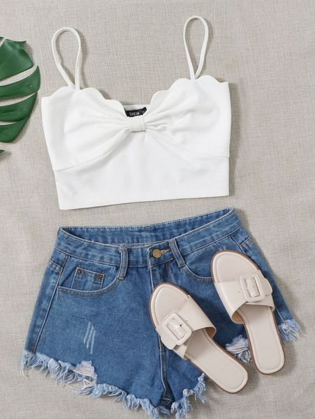 

ruched front scallop trim crop cami a3v9#, White