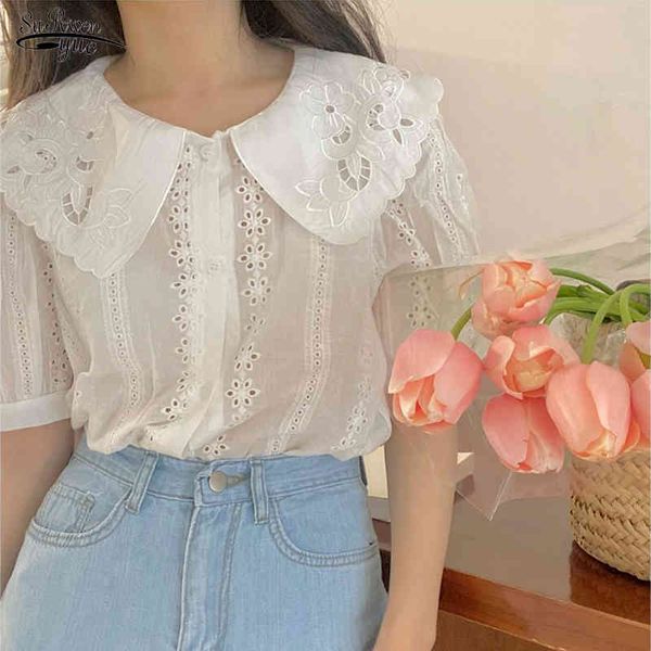 

female design sense sweet niche temperament solid cotton white embroidery hollow out wavy edge lapel shirt blusas 14600 210521
