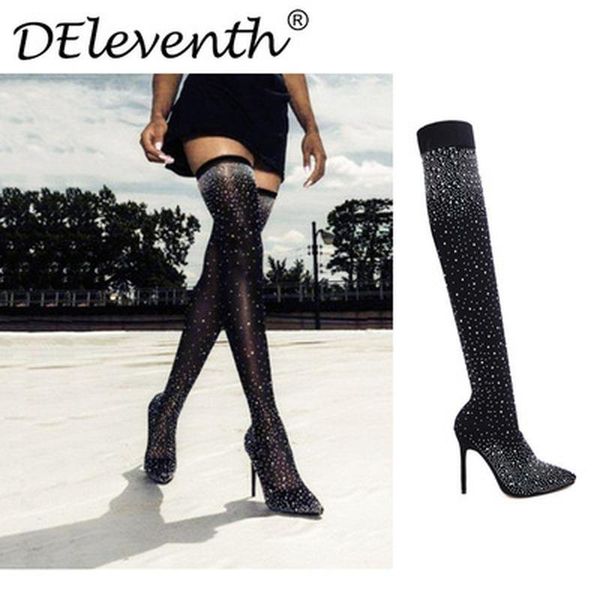 

boots 2021 fashion women over the knee high thigh sock 11.5cm heels crystal diamond stripper long pleaser shoes, Black
