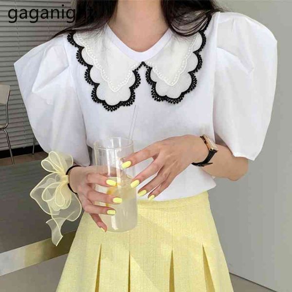 Gaganight Summer Elegante Peter Pan Collar Blusas Mulheres Lace Hollow Camisa Casual Puff Manga Curta Branco Blusa Tops 210519