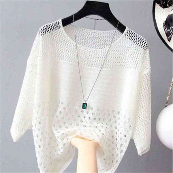 

women's tanks & camis spring summer sweaters with striped female mesh seven rooms thin sleeve sun protector hollow out loose basic off, White
