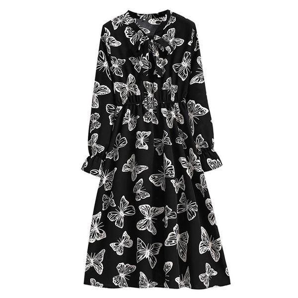 

casual dresses women's bottoming dress slim long-sleeved butterfly print fashion bowknot elastic waist mid-length #g3, Black;gray