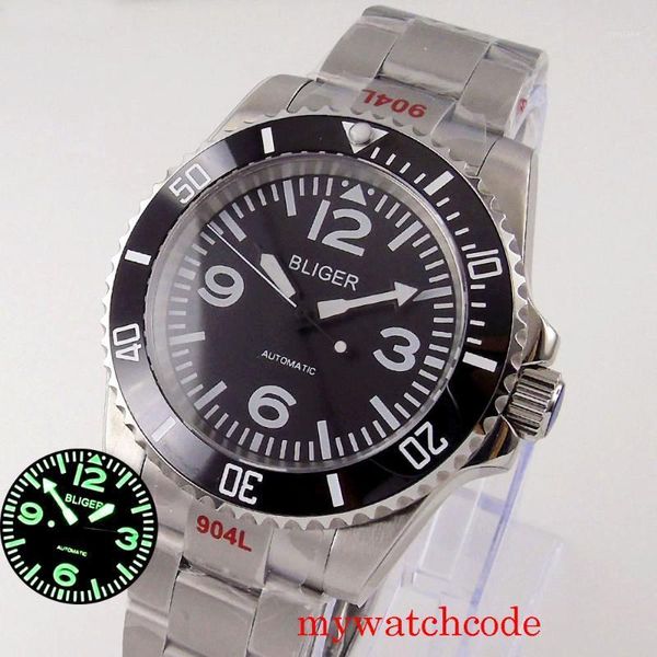 

wristwatches 40mm bliger black dial sapphire crystal luminous index nh35 miyota 8215 sub automatic men watch ceramic bezel oyster strap, Slivery;brown