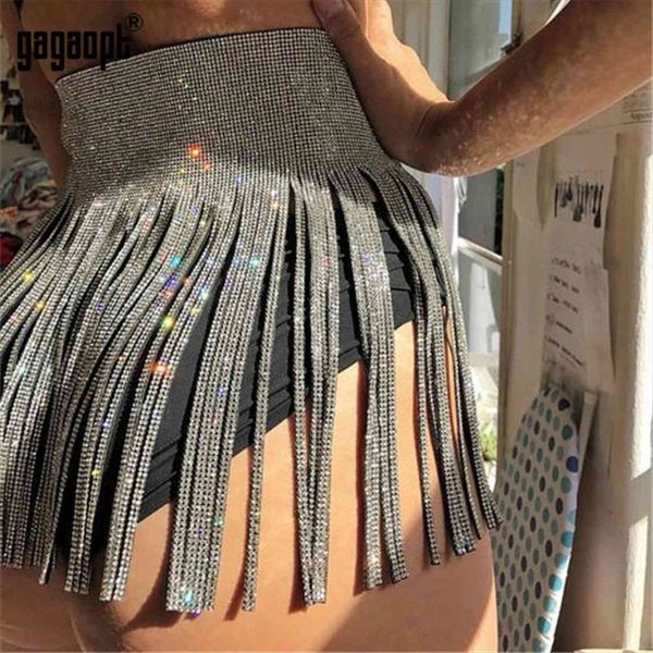 

metal tassel chain mini glitter women skirt rhinestone high waist sequins summer party outfit skirts, Black