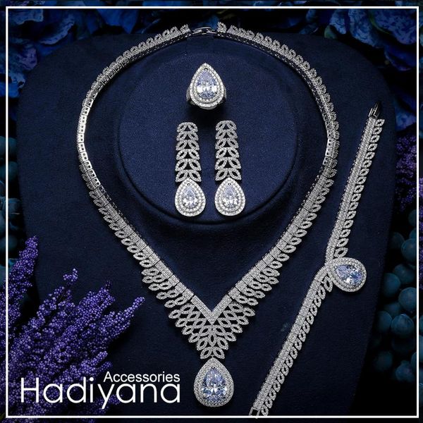 

earrings & necklace hadiyana fashion dubai bridal zirconia jewelry sets luxury exquisite wedding accessories waterdrops tz8151 bransoletka, Silver