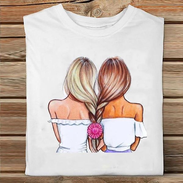 

short sleeve sister friends women sweet love floral style cartoon clothes print female tee ladies graphic t shirt, White