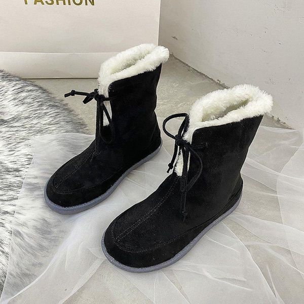 

boots mid calf snow suede women black thick faux fur winter warm ladies solid shoes flat lace up plus size 35-43