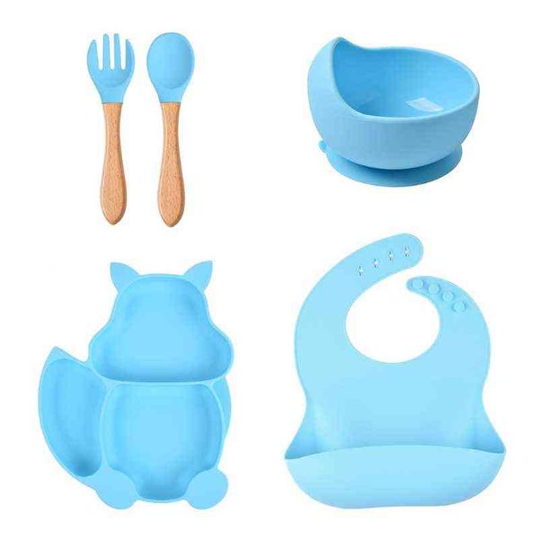 

5 pcs baby silicone bibs squirrel divided dinner plate sucker bowl spoon fork set training feeding food utensil dishes kit 69he g1210