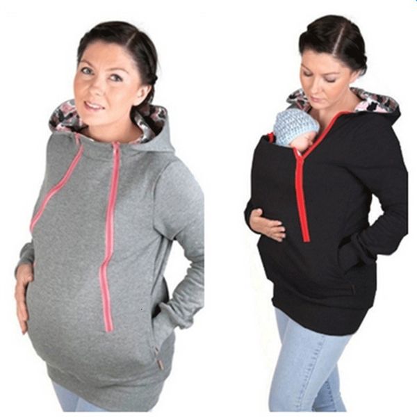 

maternity 2021 two in one kangaroo zipper hooded casual sweater et, Black