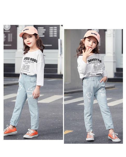 

jeans girls' 2021 fashion child casual printed pants denim, Blue
