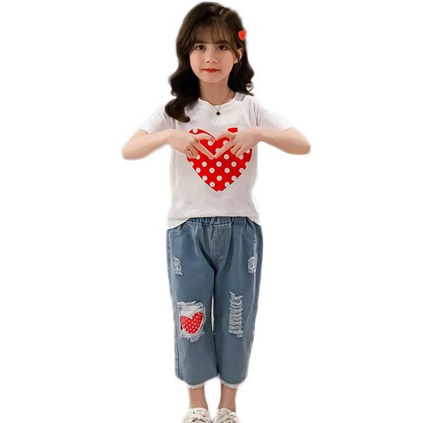

kids clothes heart tshirt + denim short girl dot big girls hole tracksuit 6 8 10 12 14 clothing sets, White