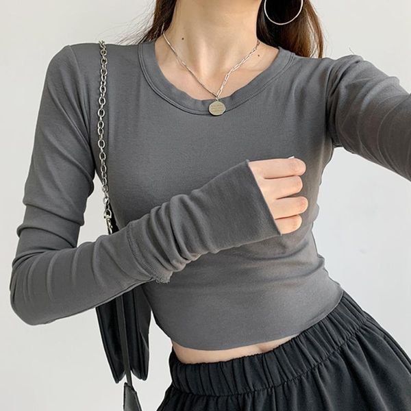 

women's t-shirt urban basic long sleeve y2k harajuku cropped kpop t-shirts solid knitted korean fashion casual streetwear, White