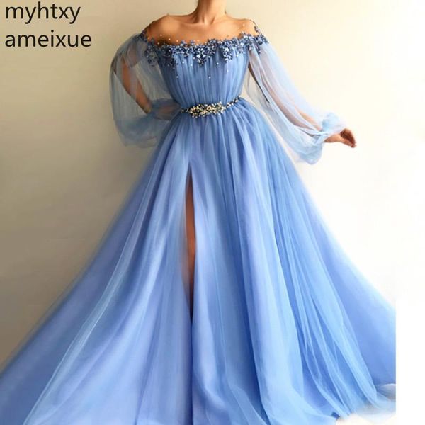

evening dresses blue muslim 2021 long sleeves tulle slit pearls islamic dubai saudi arabic formal gown prom, Black;red