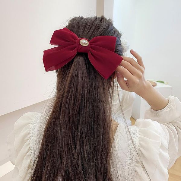

casual dresses internet celebrity vintage pearl big bow hairpin french elegant spring clip super fairy back head hair headdress, Black;gray