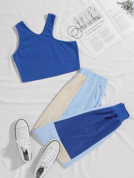 

asymmetrical neck & color block sweatpants a53k#, White