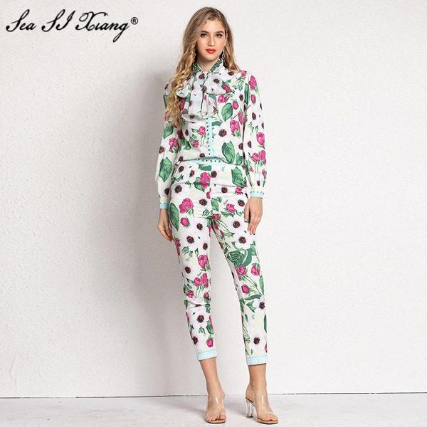 

women's two piece pants seasixiang fashion designer spring suit women's long sleeve diamond shirt + pencil flower print two-piece, White