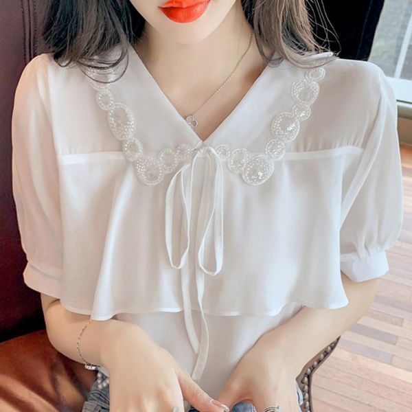 

women's blouses & shirts summer blouse women short sleeve ruffles sequins chiffon white shirt blusas mujer de moda 2021 f100