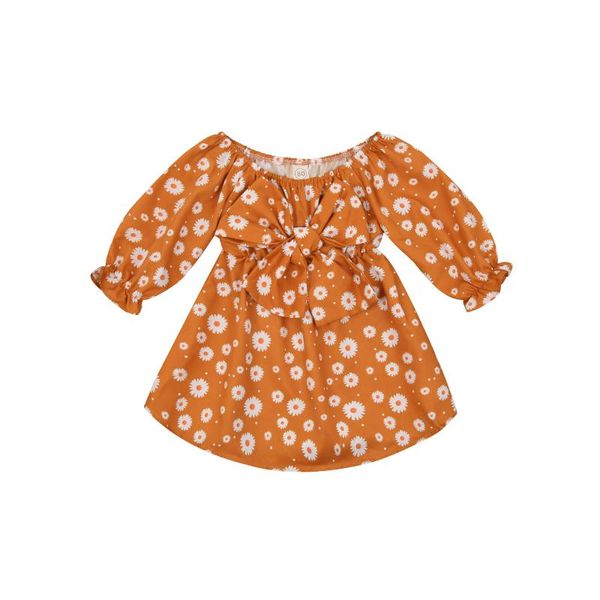 

girl's dresses baby girls daisy print dress with bow-knot long sleeve boat neck high waist sundress for summer, Red;yellow