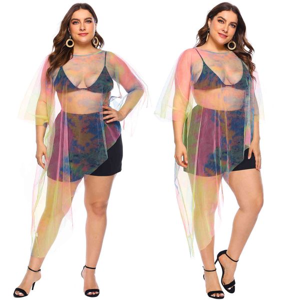 

women's plus size big fashion colorful gauze irregular perspective beach bikini blouse 1986