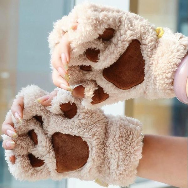 Guanti a cinque dita Cute Cat Fluffy Claw Senza dita Caldo morbido peluche Panda Guanto Mezze dita Abbigliamento invernale da donna Regali di Natale