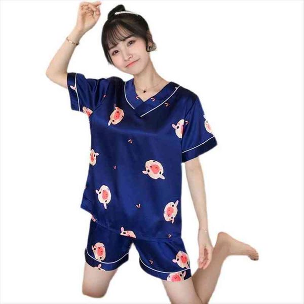 

cartoon short sleeve and womens sleepwears shorts pyjamas satin silk pajama sets femme cute big size 4xl 5xl sleepwear, Black;red