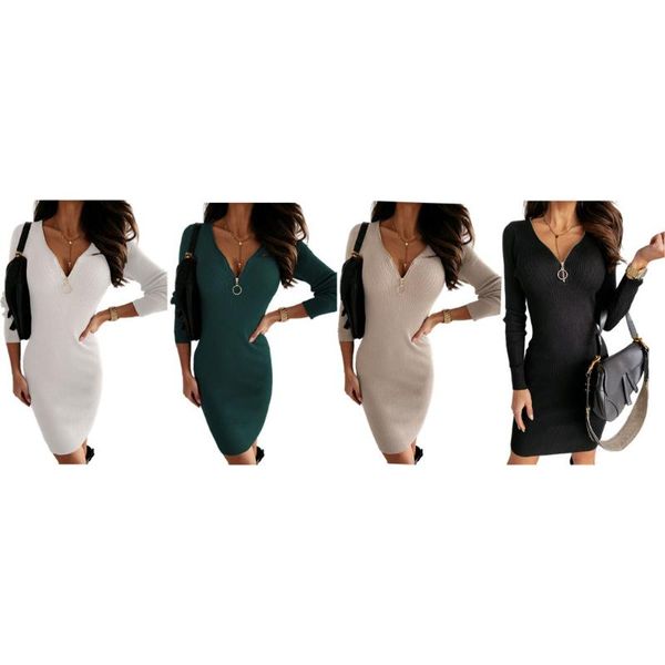 

women's sweaters fashion women v neck dress knee length polyester zipper knit fall bodycon casual elegant jumper sweater slim fit for a, White;black