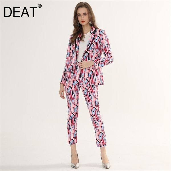 

[deat] spring autumn fashion long sleeve single button v-neck blazer printing high waist pencil pants suit women 210527, White