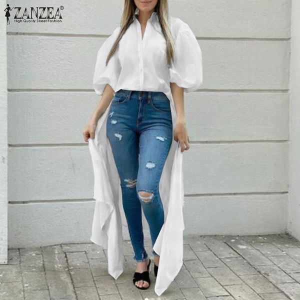 

blouses stylish irregular shirts women's summer puff sleeve blouse 2021 lapel button blusas female solid tunic plus size 5xl, White