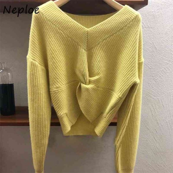 

fashion criss-cross pleated knitted pullovers v-neck solid color women sweaters autumn winter korean coat 210422, White;black